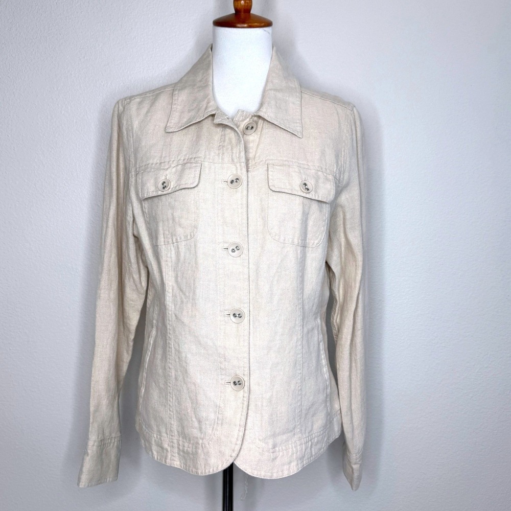 CHARTER CLUB 100% Linen Button Front Jacket Tan Beach Euro Summer Beachy Neutral